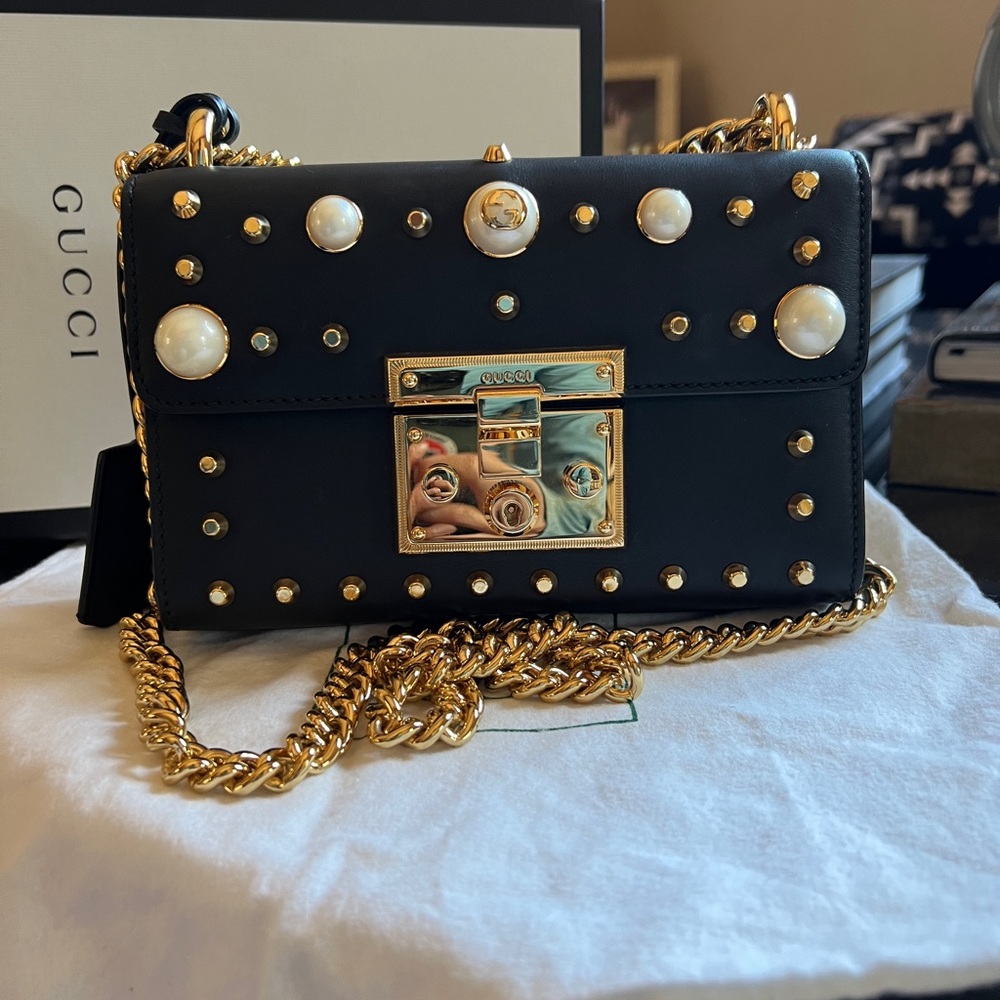 Gucci black calfskin pearl & gold studded padlock bag